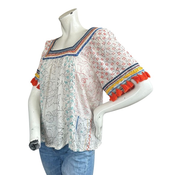 Anthropologie Maeve Paolina Puff Sleeve Tassel Trim Square Neck Blouse XS Petite - Picture 6 of 8